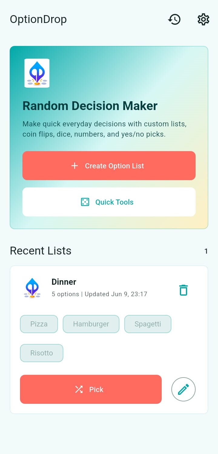 OptionDrop home screen with recent decision list