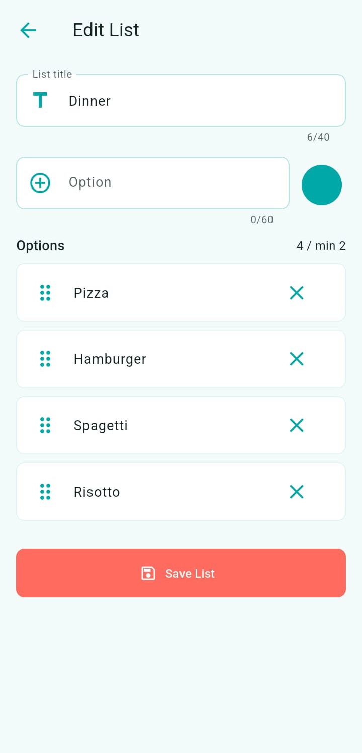 OptionDrop list editor with dinner options