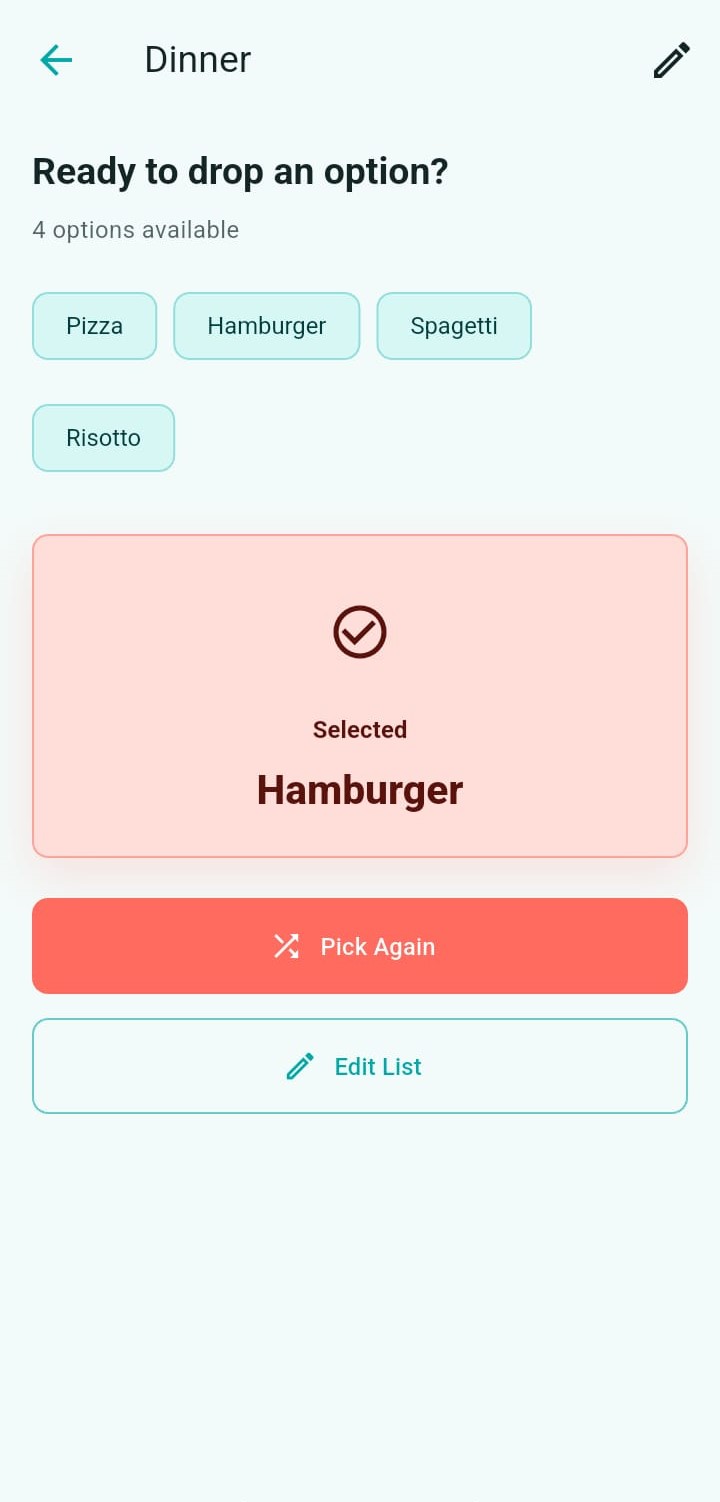 OptionDrop random picker showing a selected result