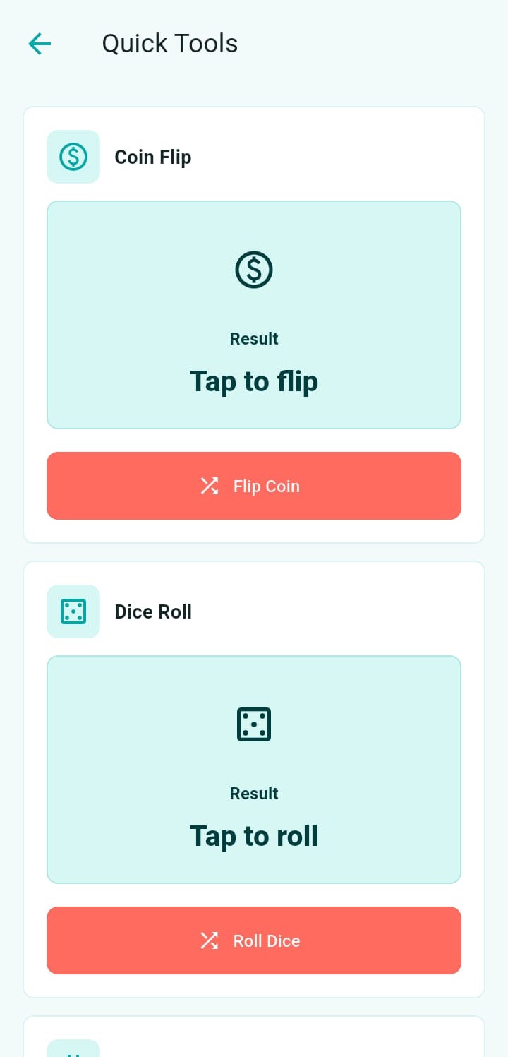 OptionDrop quick tools for coin flip and dice roll