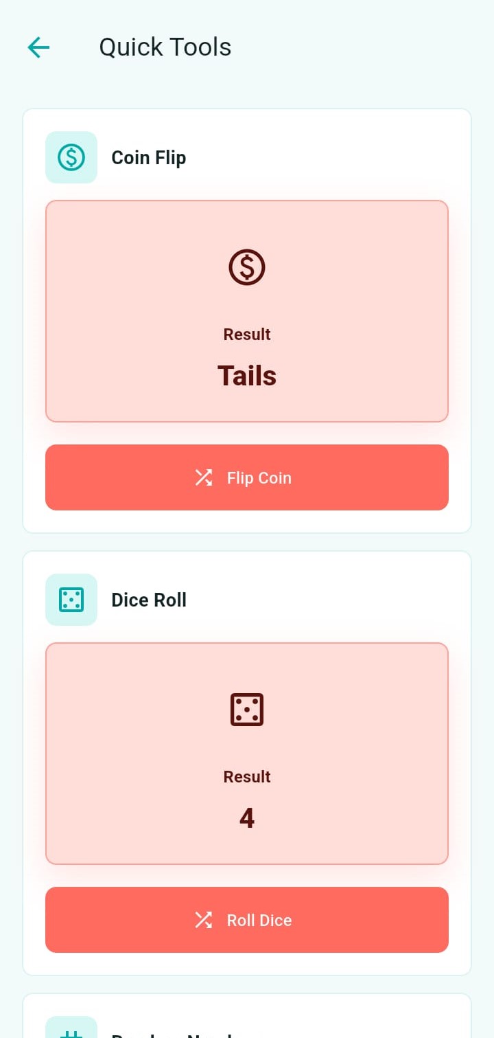 OptionDrop quick tools showing coin flip and dice results
