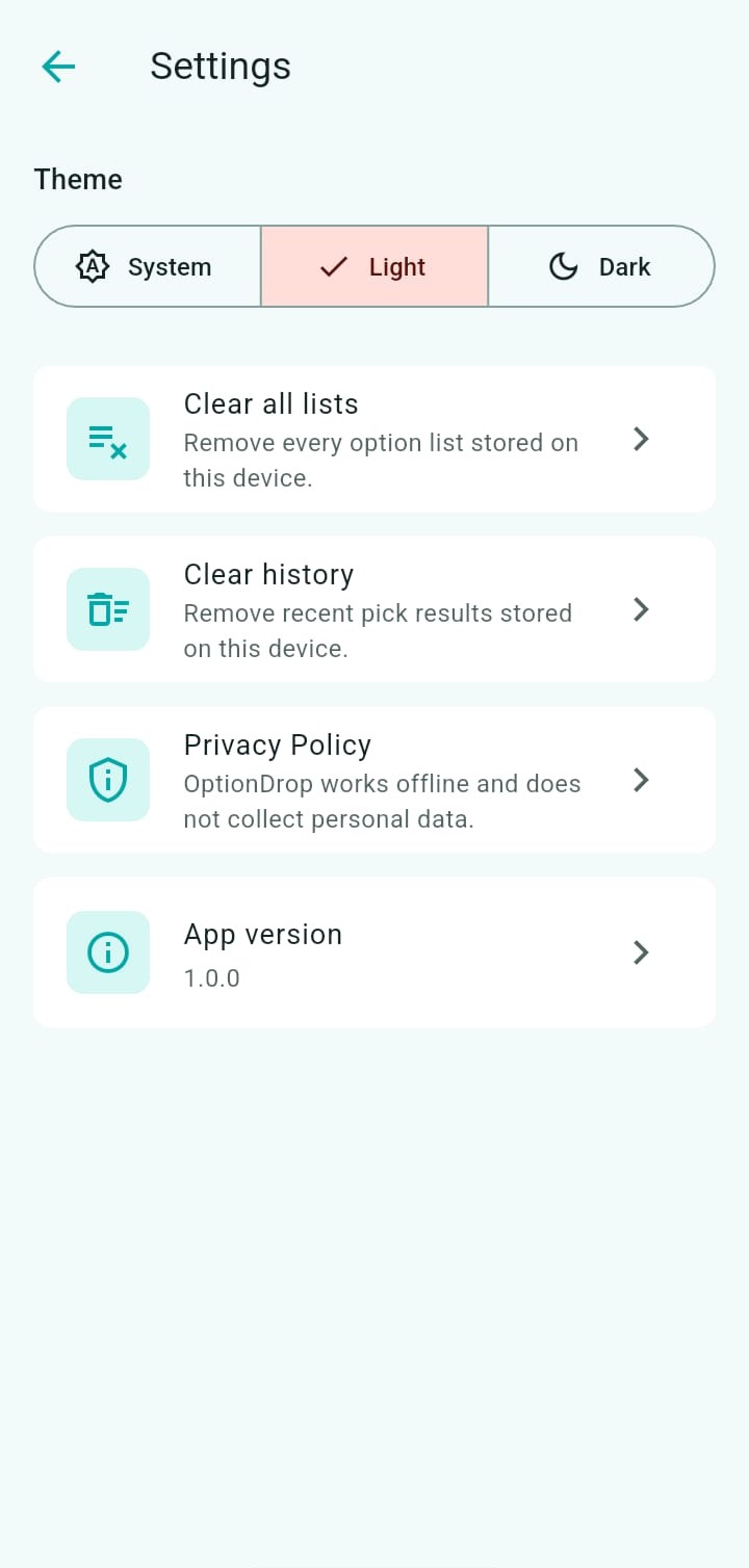 OptionDrop settings with theme and privacy controls