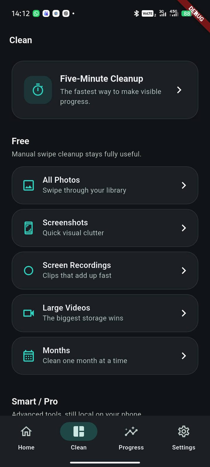 PhotoSwipe Cleaner Clean tab with Five-Minute Cleanup and free session types