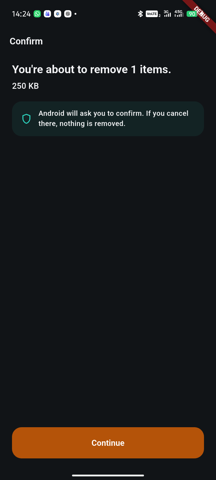 In-app confirm screen before Android delete confirmation