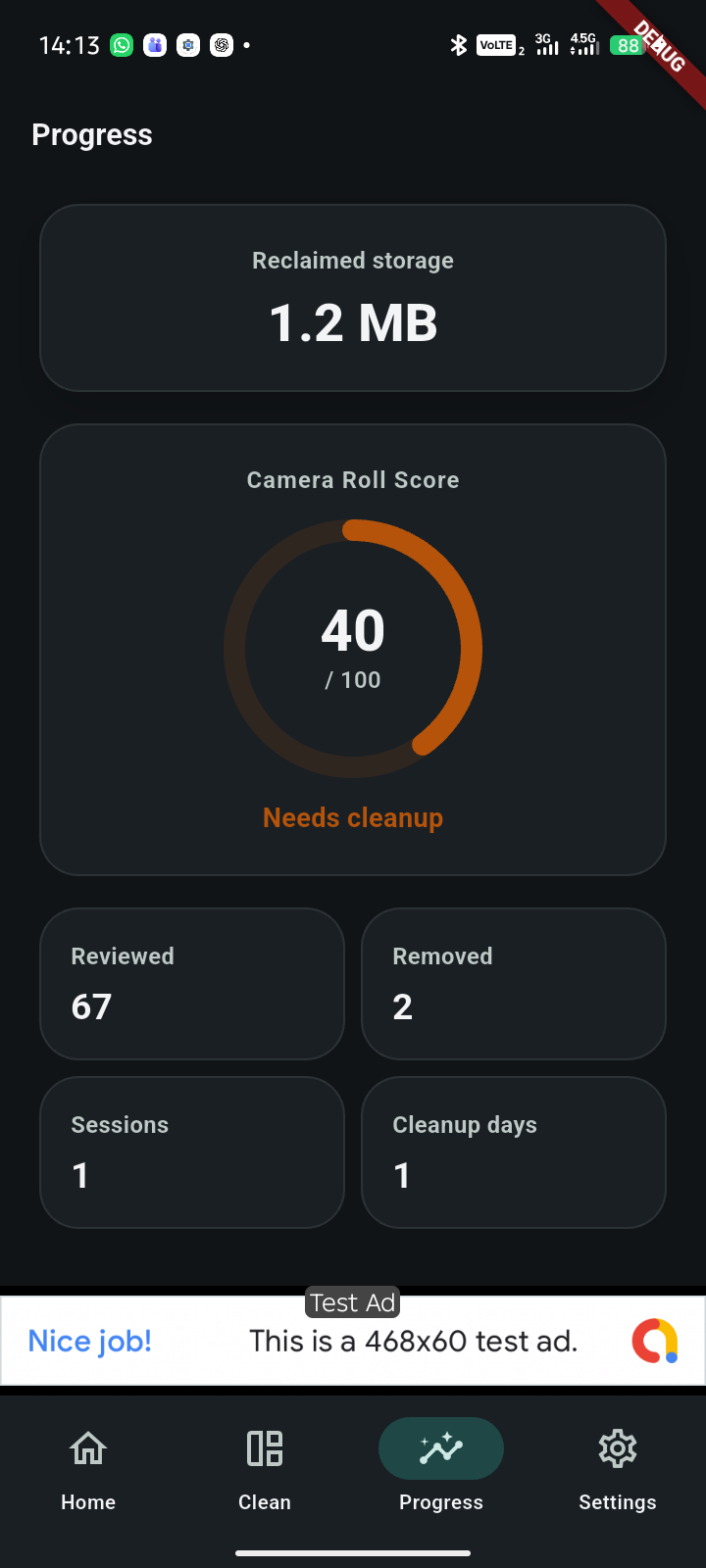 Progress tab with reclaimed storage, Camera Roll Score, and cleanup counts