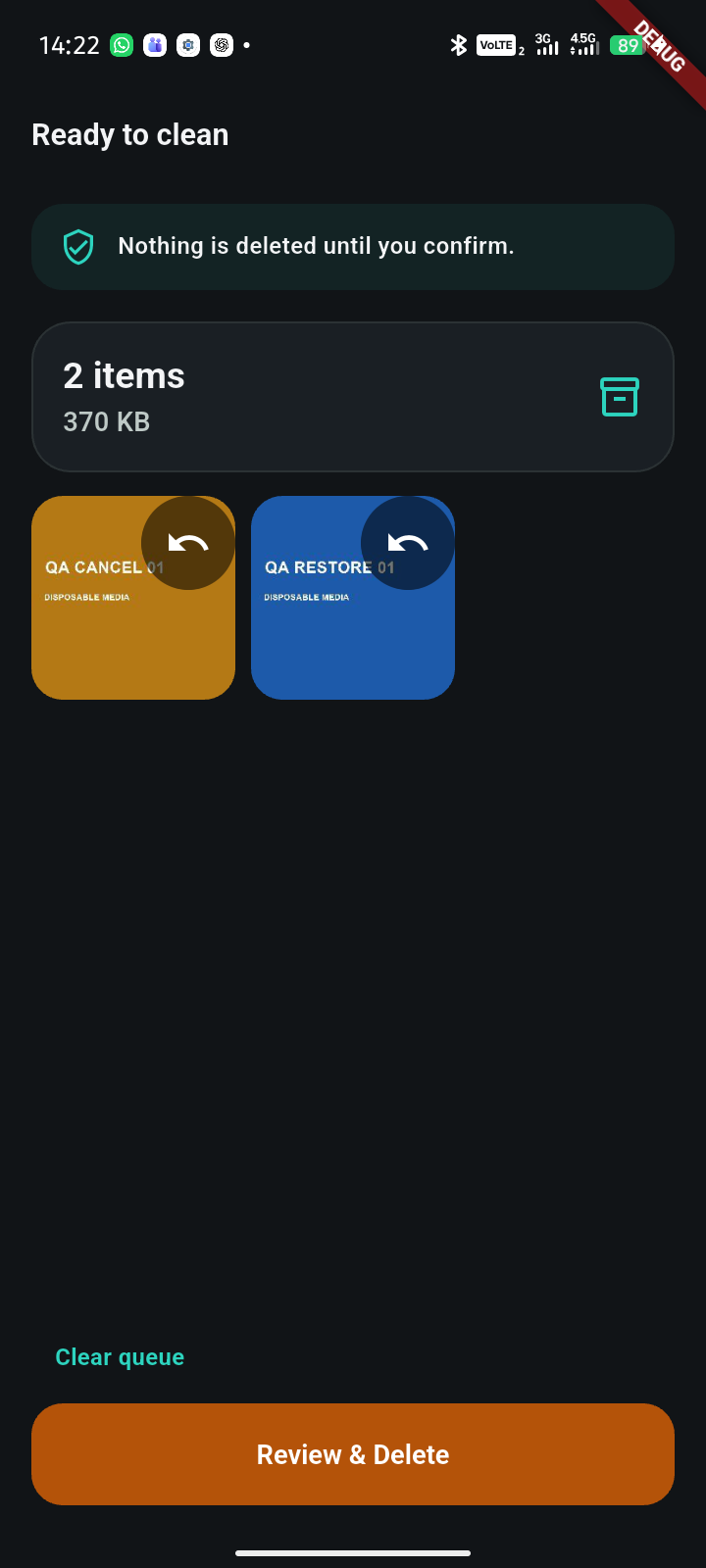 Review queue before deletion with restore controls and no similar-photo labels