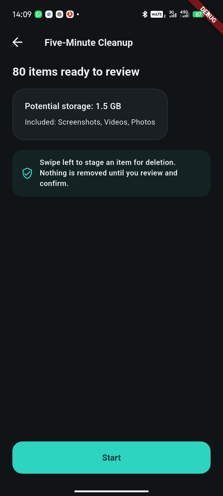 Five-Minute Cleanup intro explaining that swipe only stages deletion