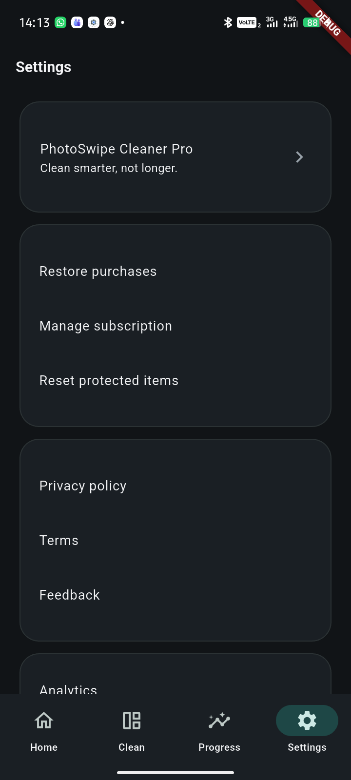 Settings screen with restore purchases, privacy policy, and terms links