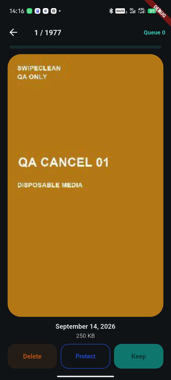 Swipe screen with Delete, Protect, and Keep actions on disposable QA media